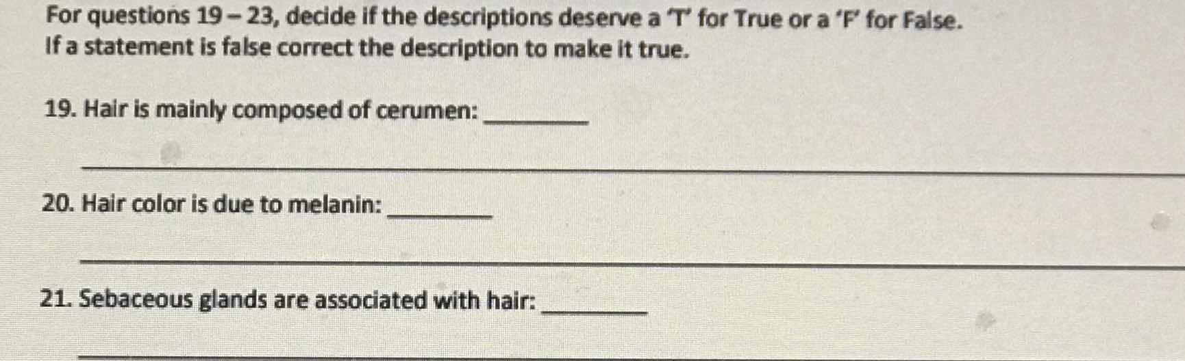 for questions 19 – 23, decide if the descriptions deserve a t for true …