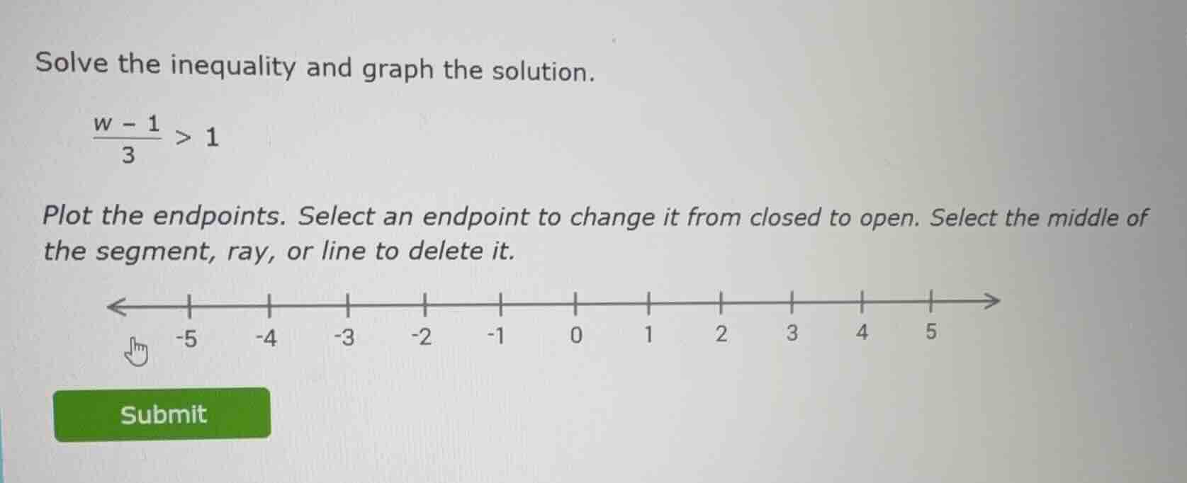 solve the inequality and graph the solution.\\( \\frac{w - 1}{3} > 1\\)…