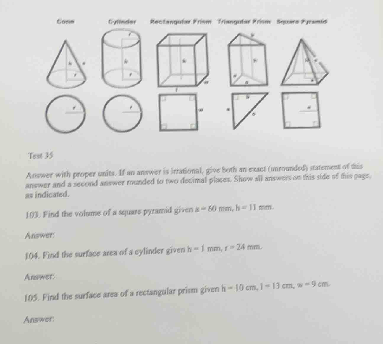 test 35 answer with proper units. if an answer is irrational, give both…