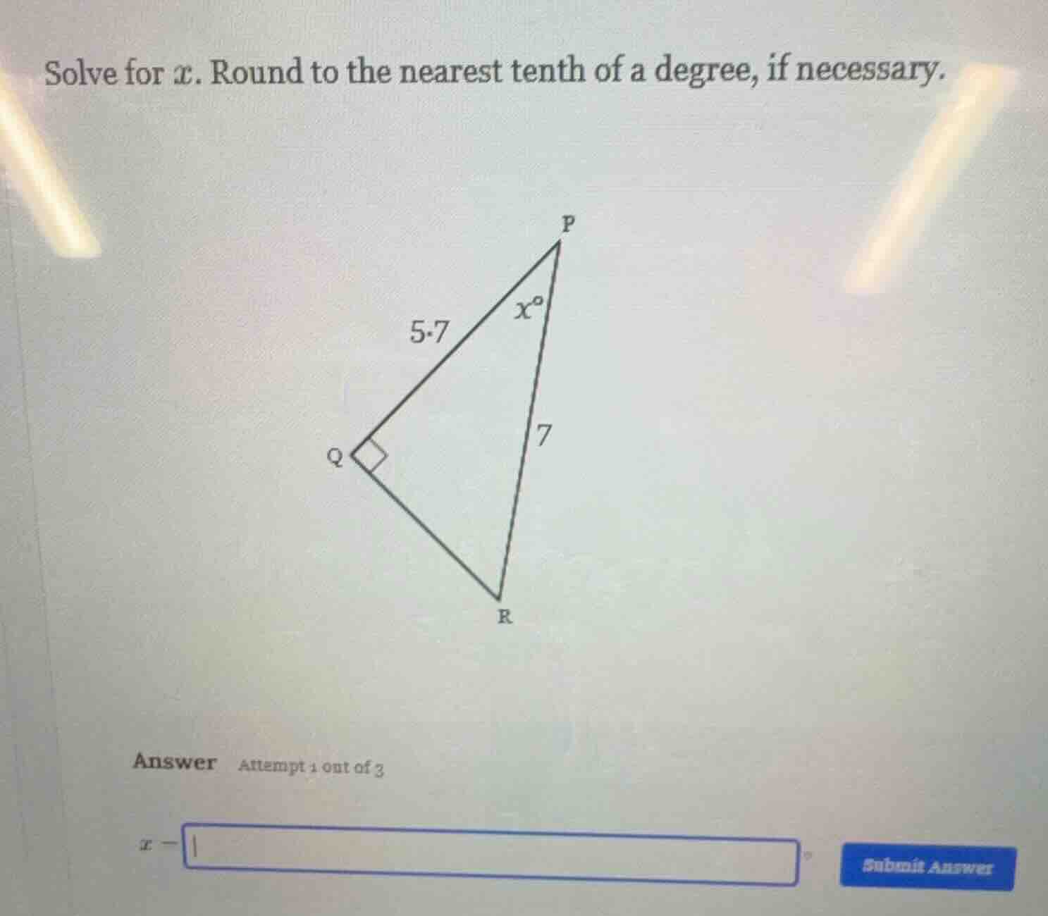 solve for x. round to the nearest tenth of a degree, if necessary. answ…