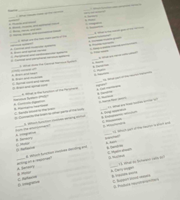 name: ______ 1. what tissues make up the nervous system? a. muscle and …