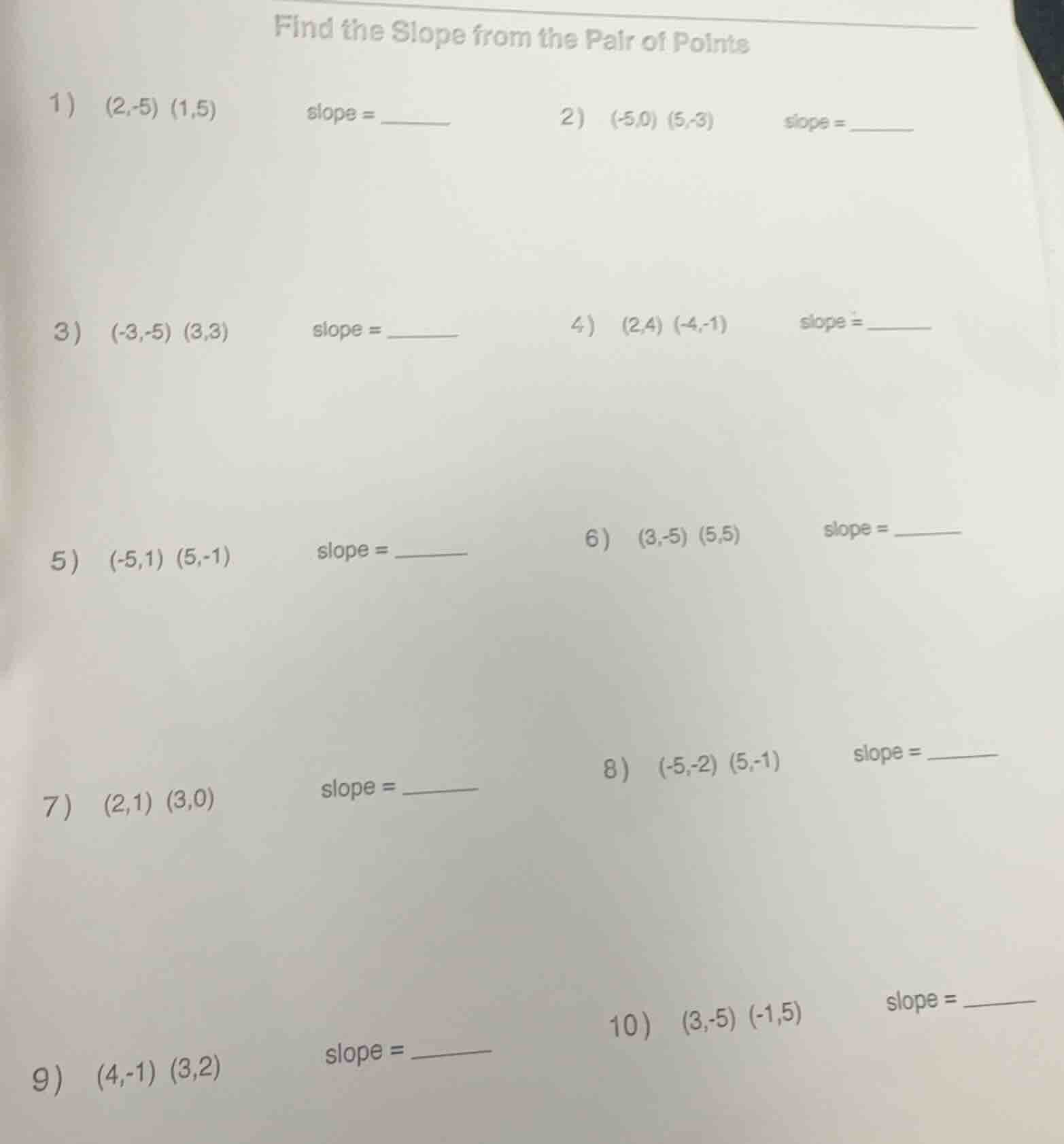 find the slope from the pair of points 1) (2,-5) (1,5) slope = ______ 2…