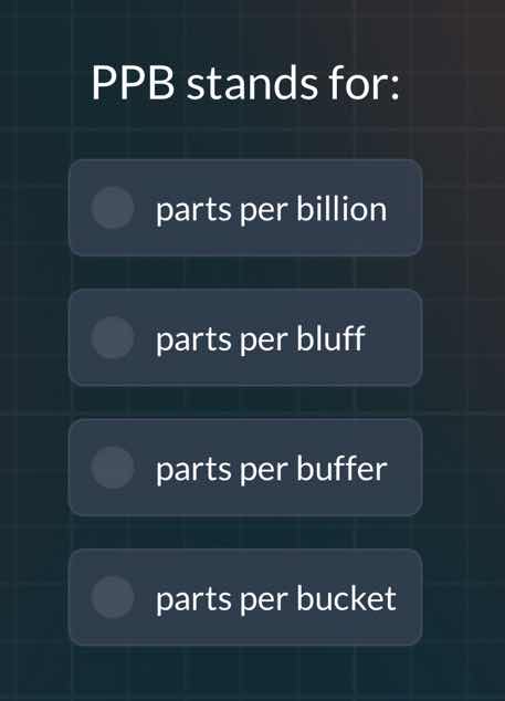 ppb stands for: parts per billion parts per bluff parts per buffer part…
