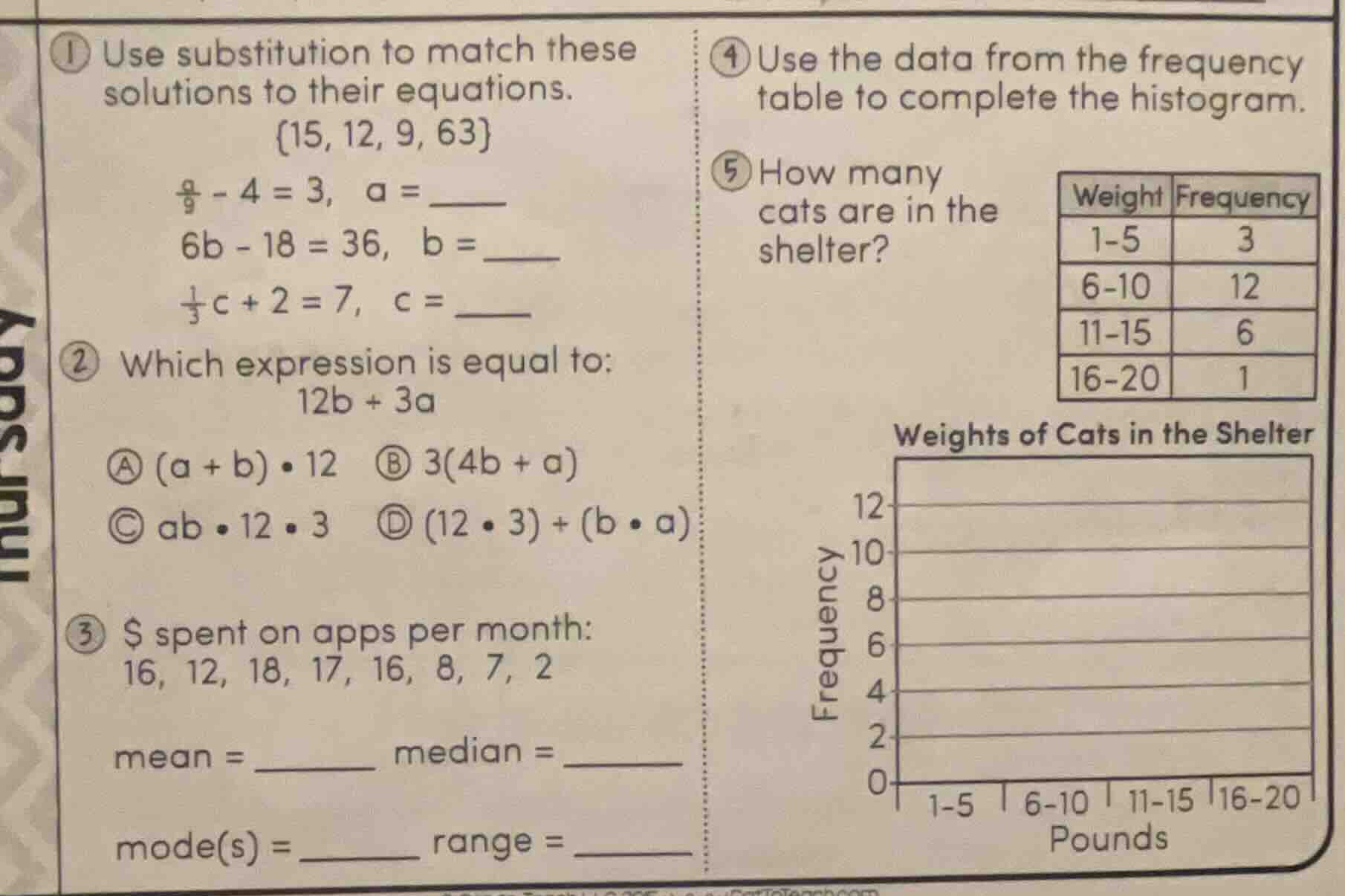 ① use substitution to match these solutions to their equations. {15, 12…
