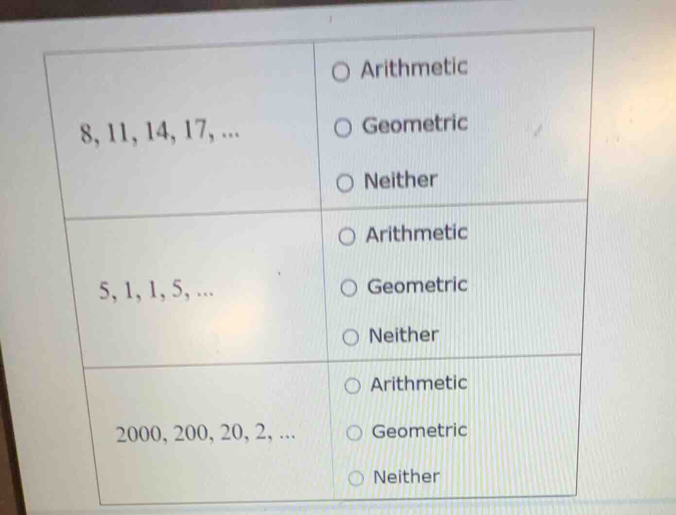 8, 11, 14, 17, ... ○ arithmetic ○ geometric ○ neither 5, 1, 1, 5, ... ○…