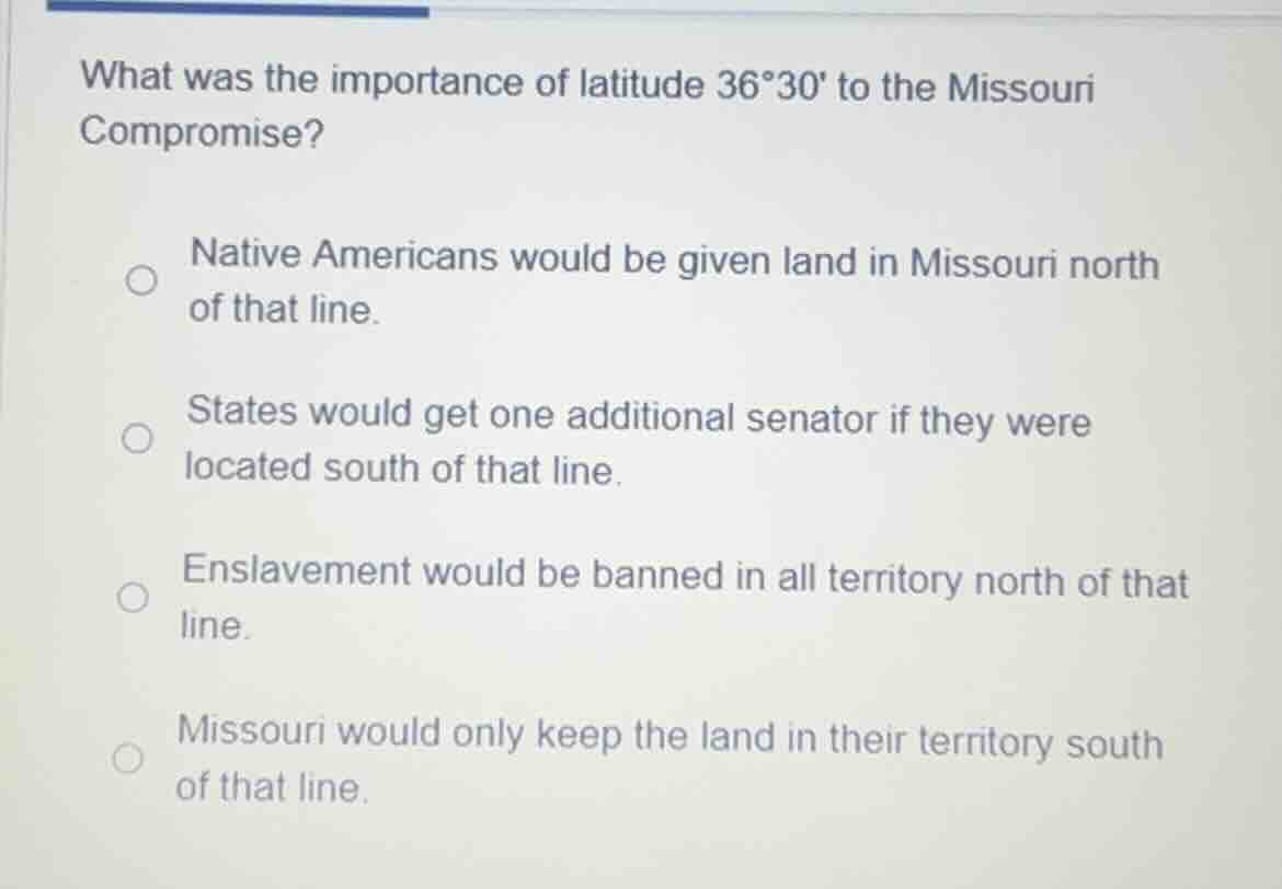 what was the importance of latitude 36°30 to the missouri compromise? n…