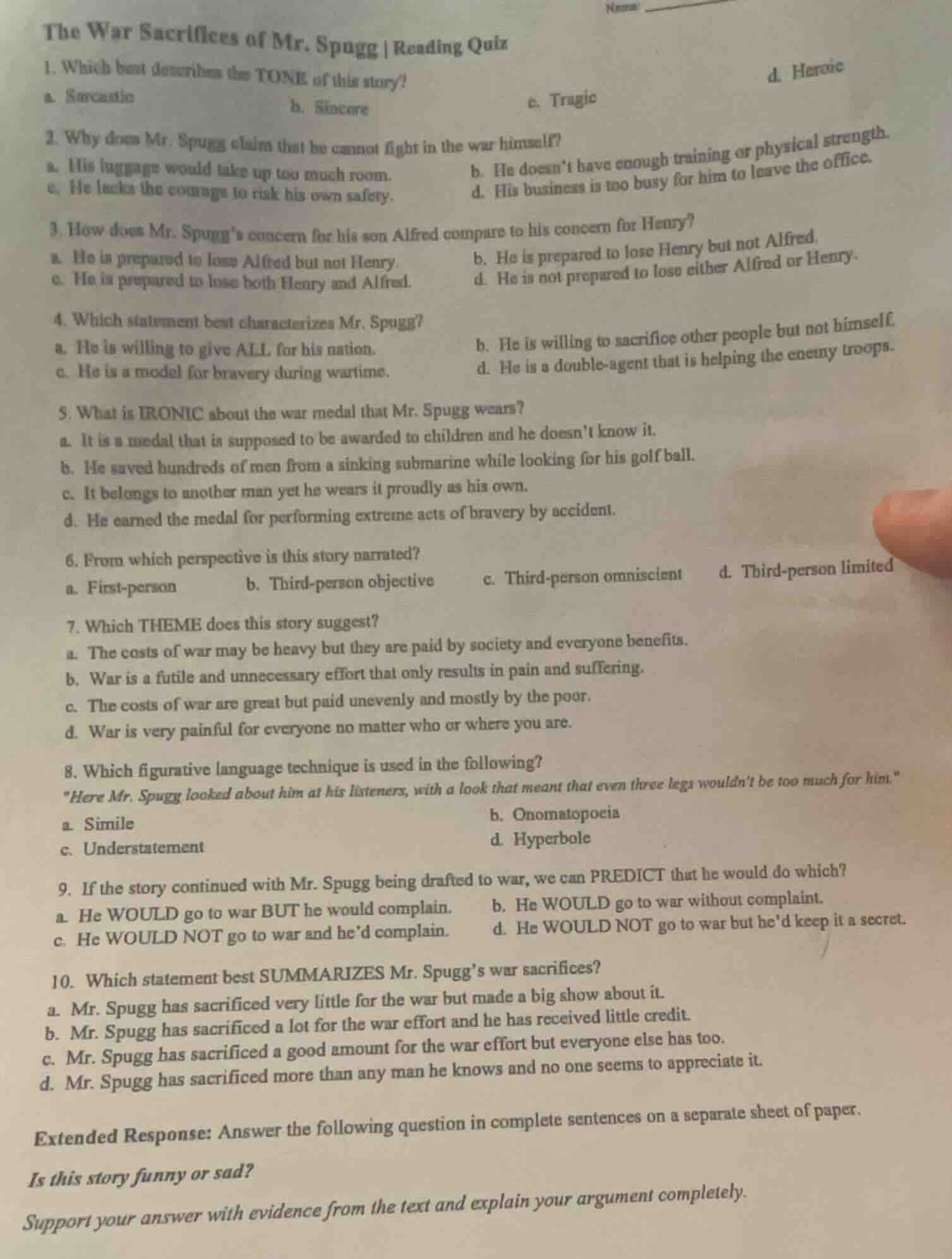 the war sacrifices of mr. spagg | reading quiz 1. which best describes …