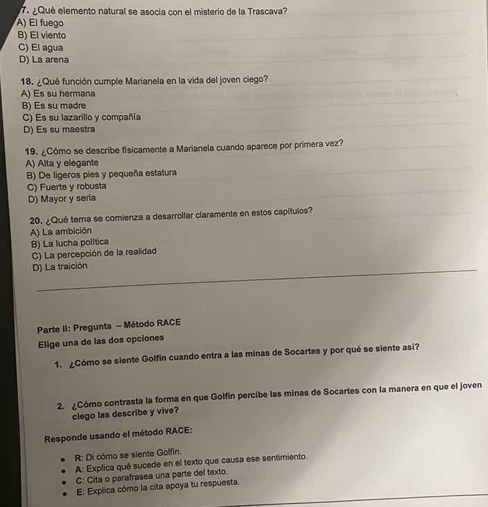 7. ¿qué elemento natural se asocia con el misterio de la trascava? a) e…