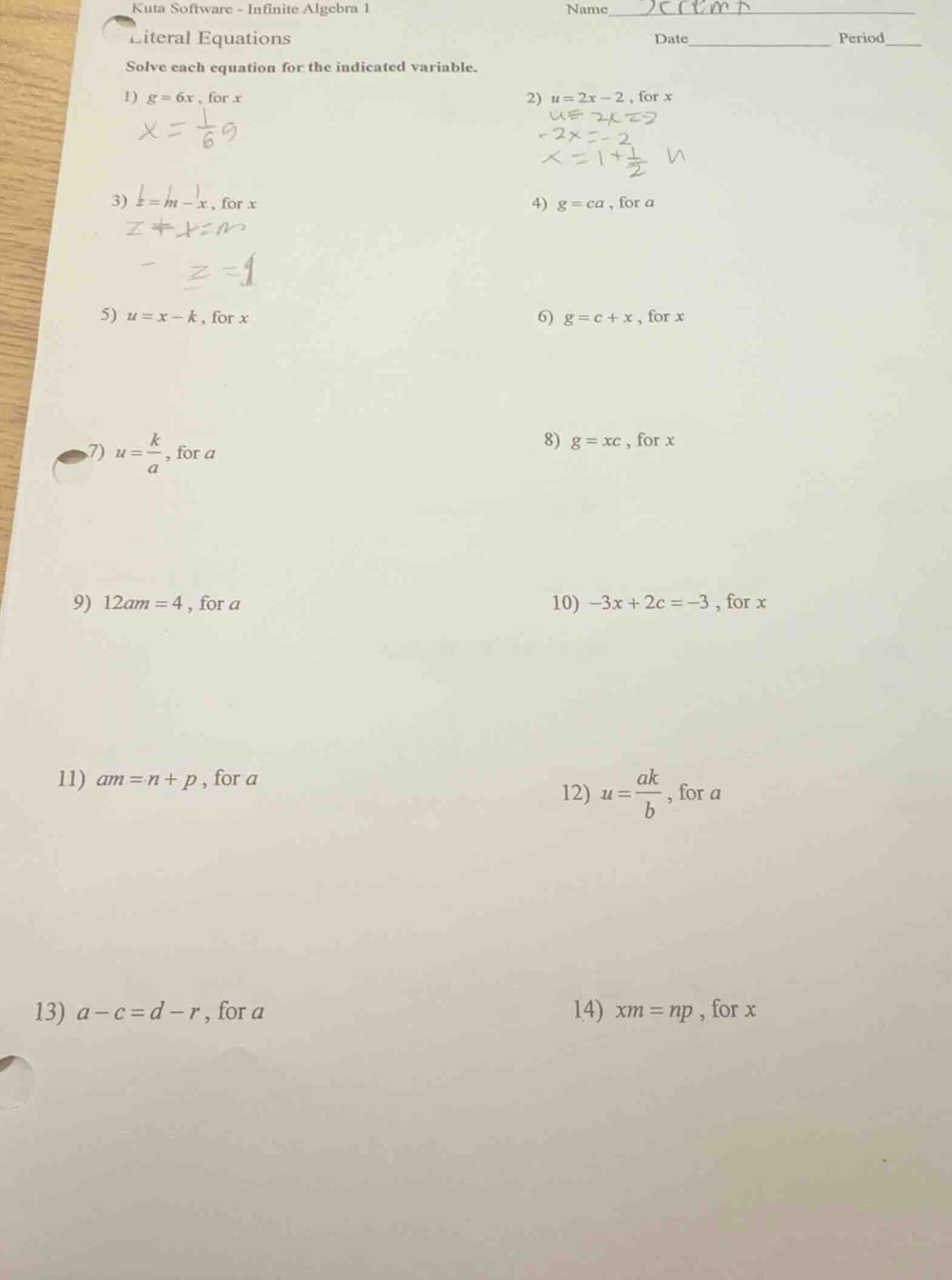 kuta software - infinite algebra 1 literal equations solve each equatio…