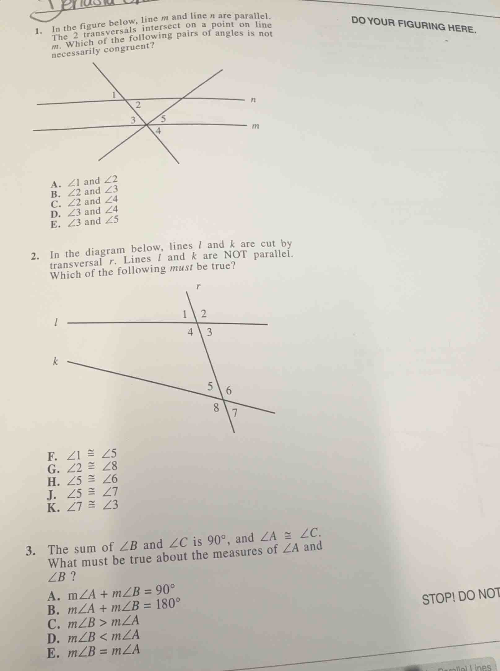 1. in the figure below, line m and line n are parallel. the 2 transvers…