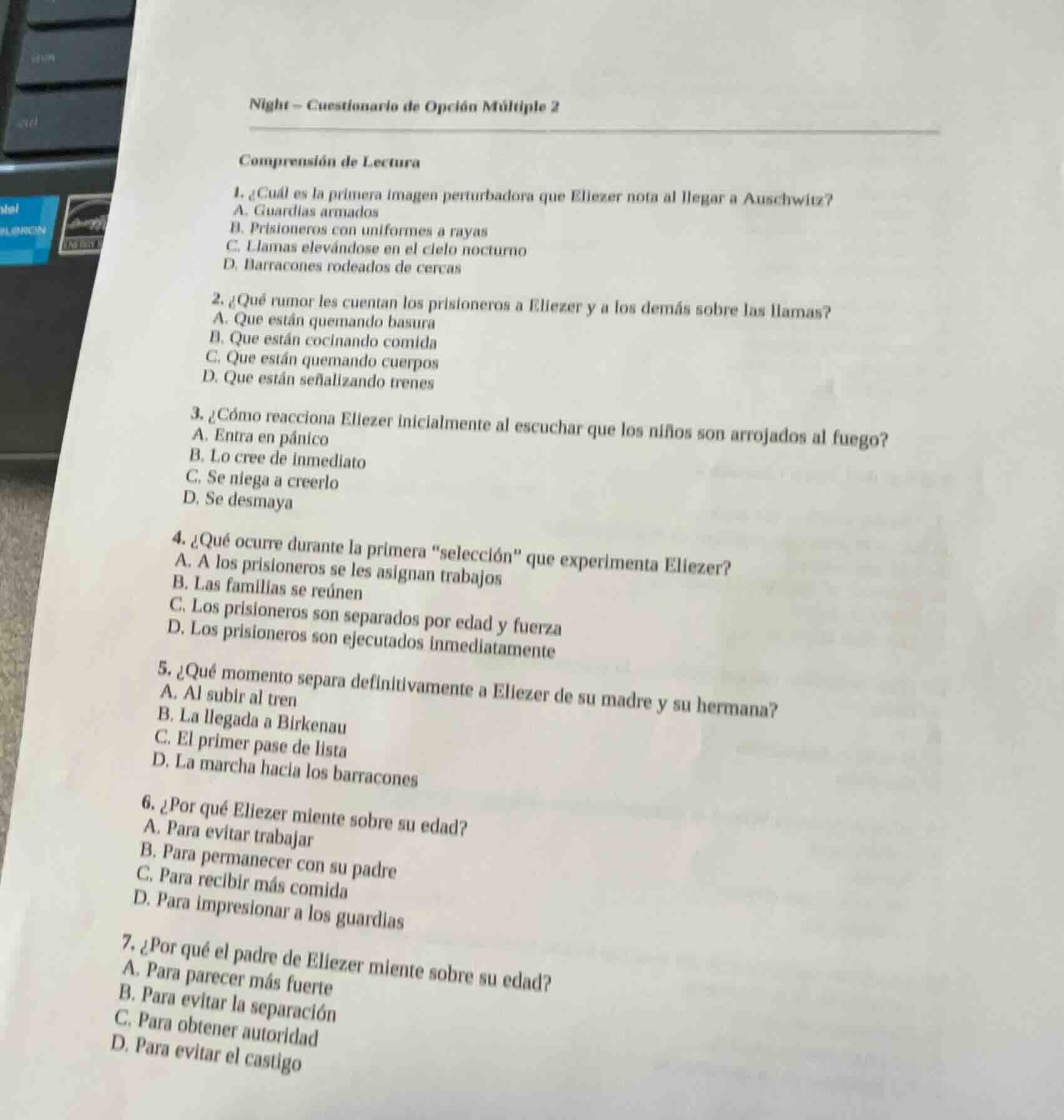 night - cuestionario de opción múltiple 2 comprensión de lectura 1. ¿cu…