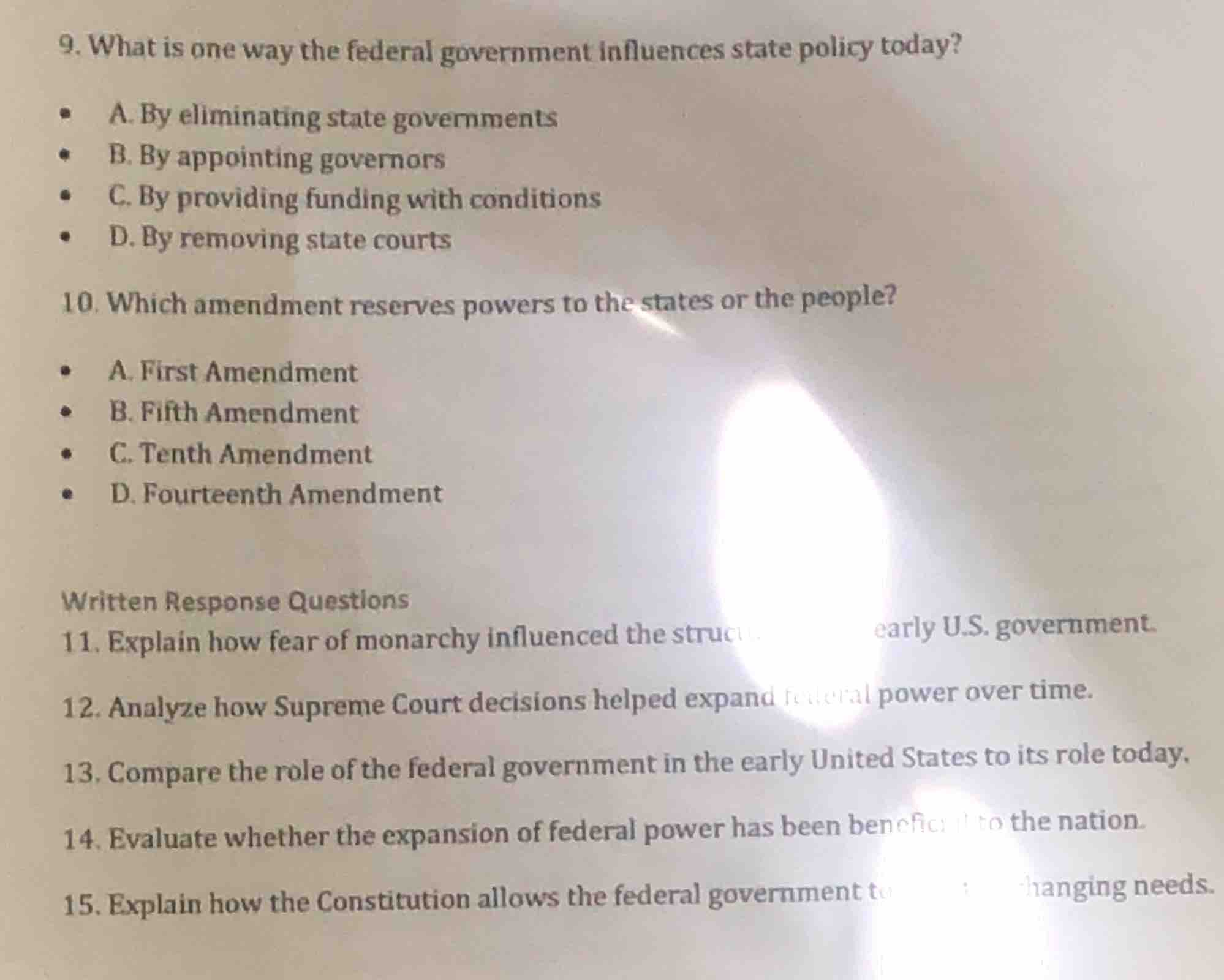 9. what is one way the federal government influences state policy today…