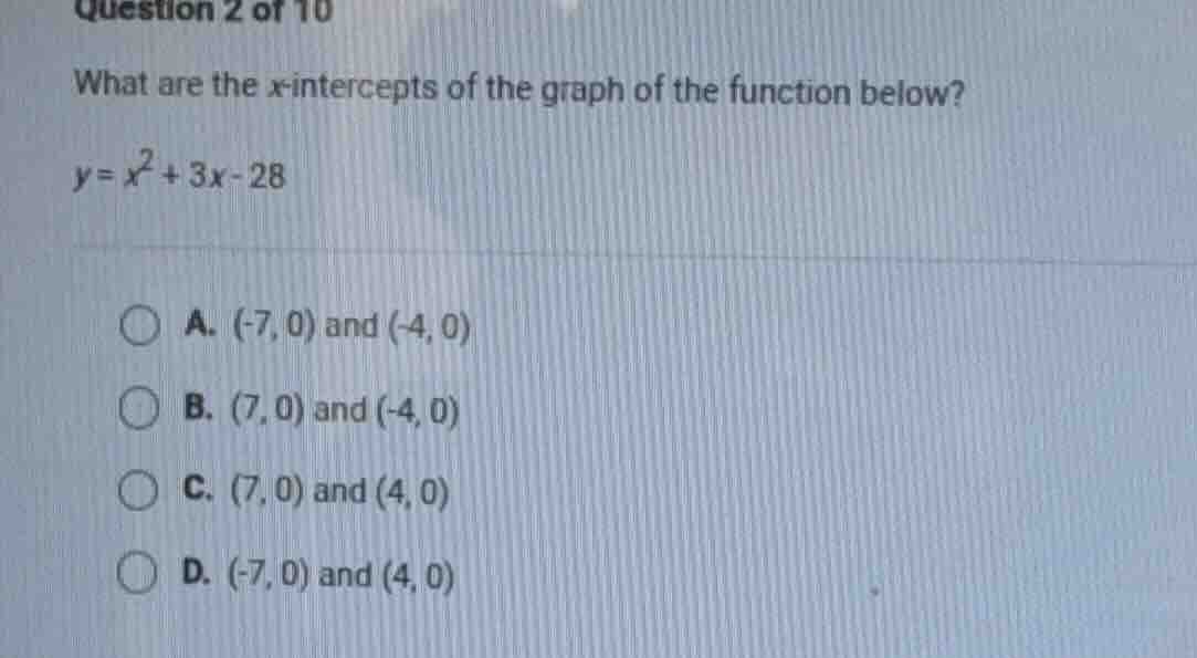 question 2 of 10 what are the x-intercepts of the graph of the function…