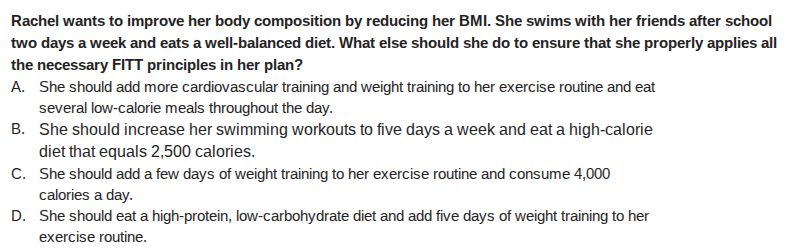rachel wants to improve her body composition by reducing her bmi. she s…