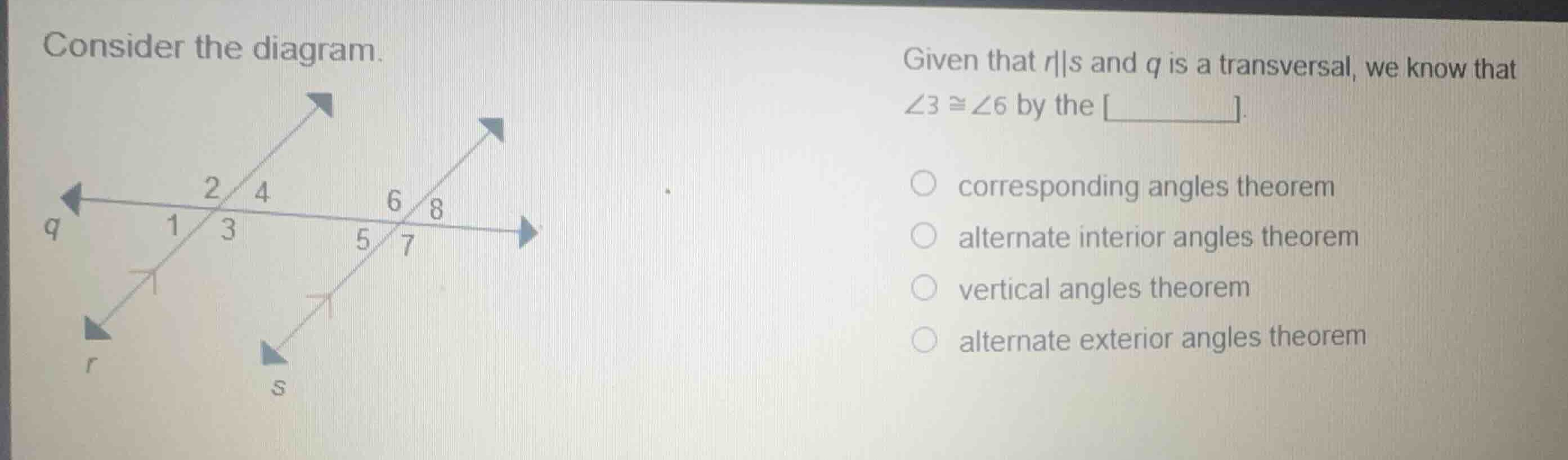 consider the diagram. given that ( r parallel s ) and ( q ) is a transv…