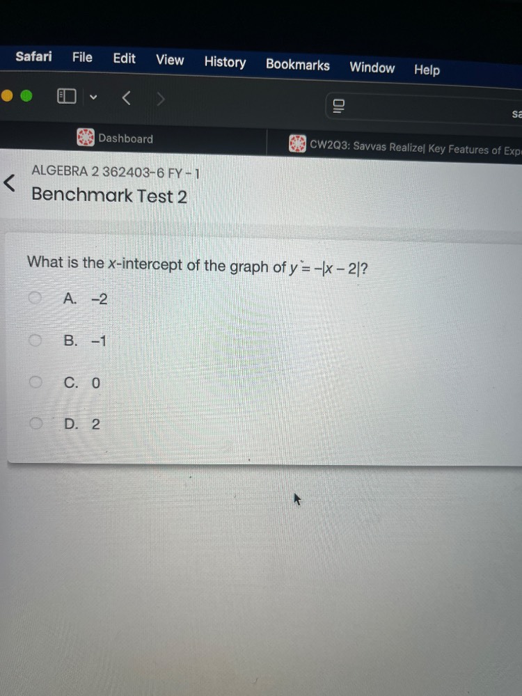 algebra 2 362403-6 fy - 1 benchmark test 2 what is the x-intercept of t…