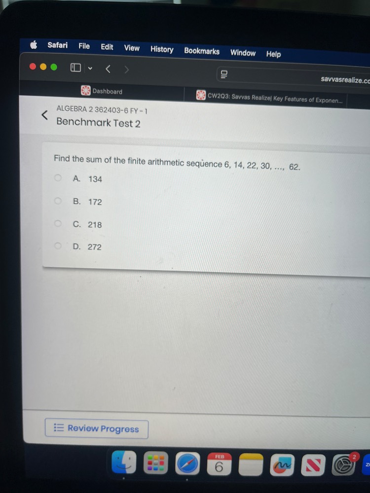 find the sum of the finite arithmetic sequence 6, 14, 22, 30, ..., 62. …