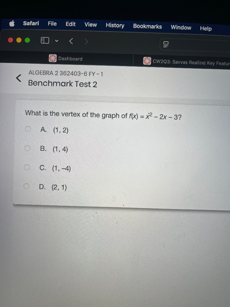 algebra 2 362403-6 fy - 1 benchmark test 2 what is the vertex of the gr…