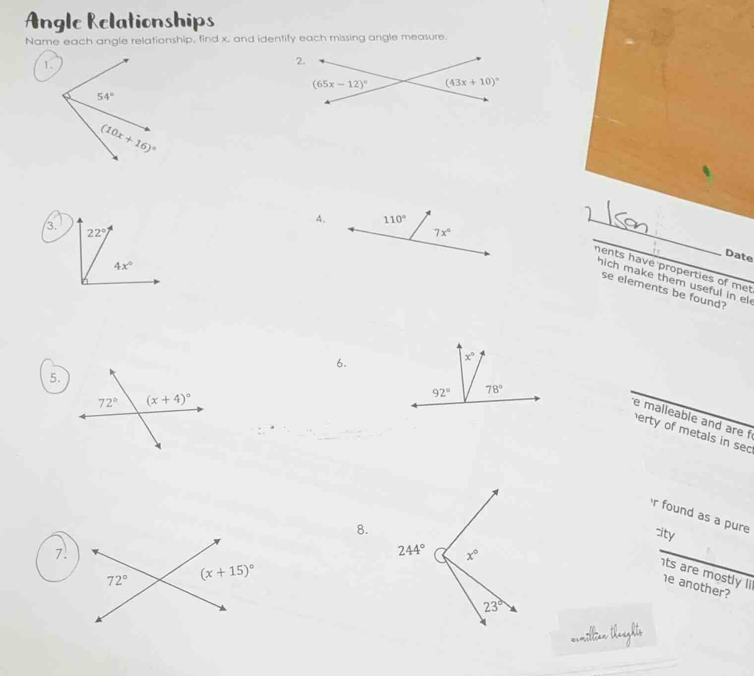 angle relationships name each angle relationship, find x, and identify …