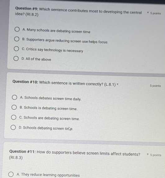 question #9: which sentence contributes most to developing the central …