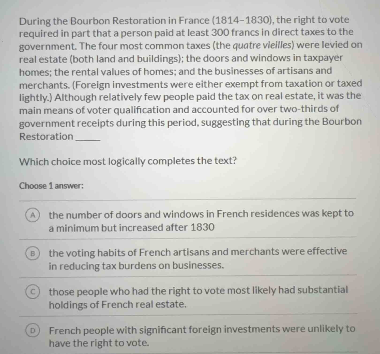 during the bourbon restoration in france (1814–1830), the right to vote…