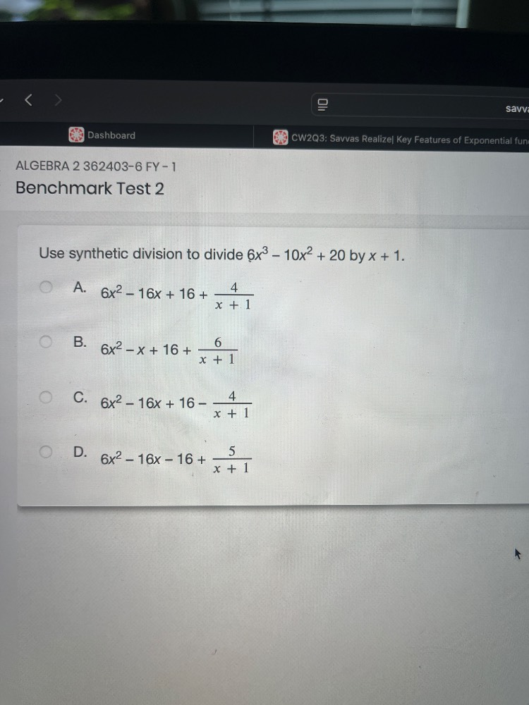 use synthetic division to divide (6x^3 - 10x^2 + 20) by (x + 1). a. (6x…