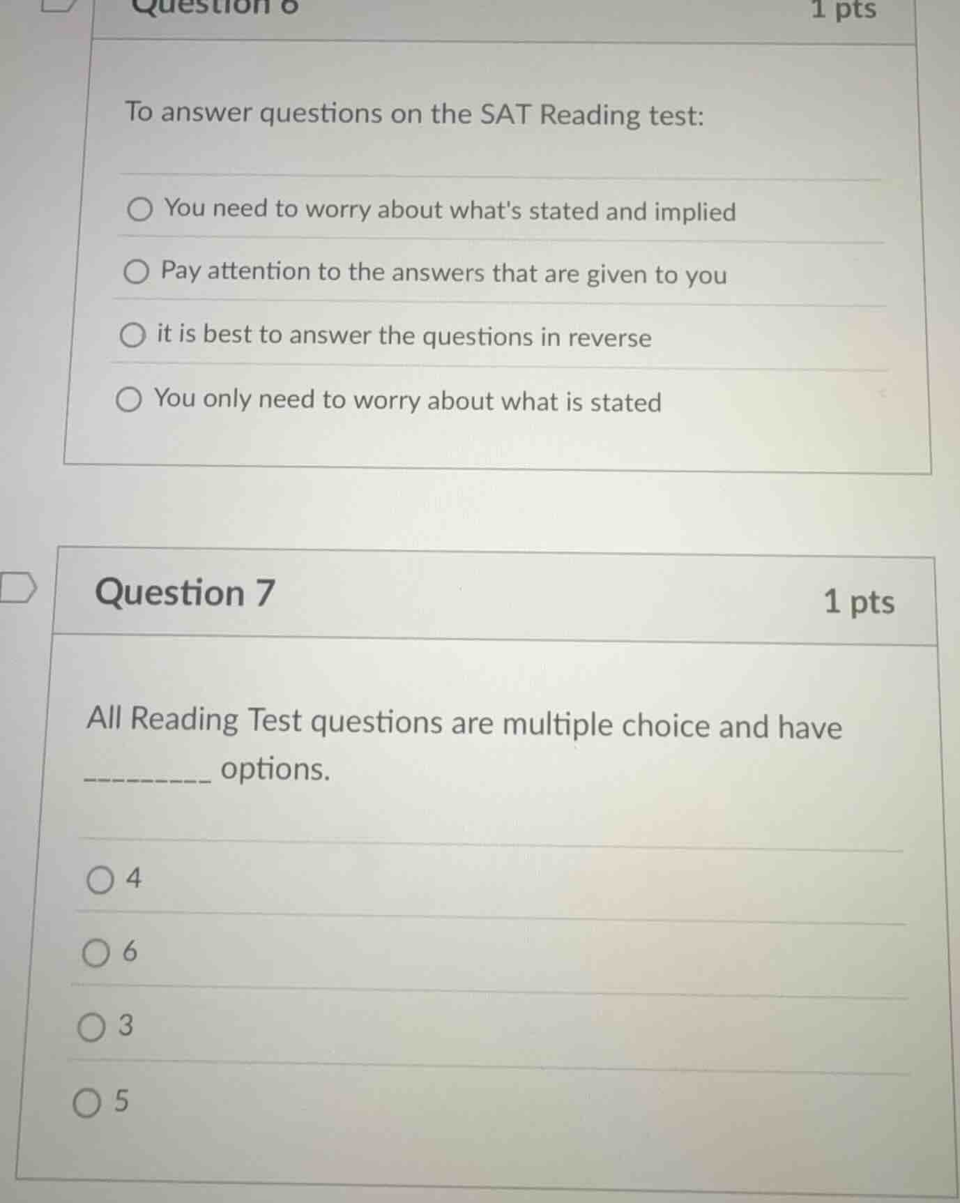 question 6 1 pts to answer questions on the sat reading test: ∘ you nee…