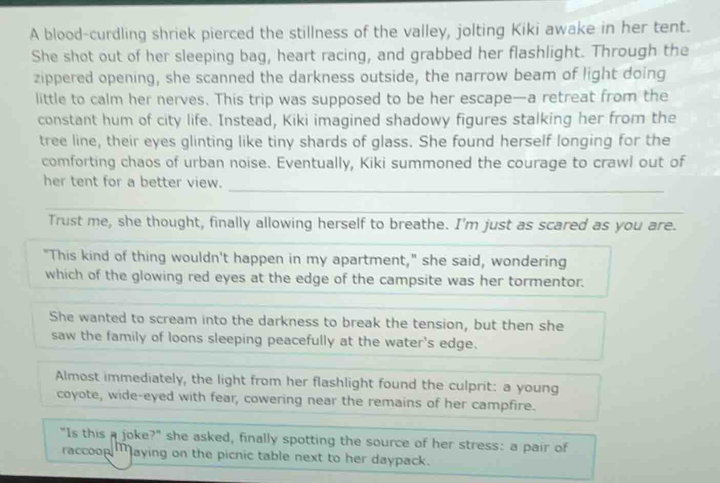 a blood - curdling shriek pierced the stillness of the valley, jolting …