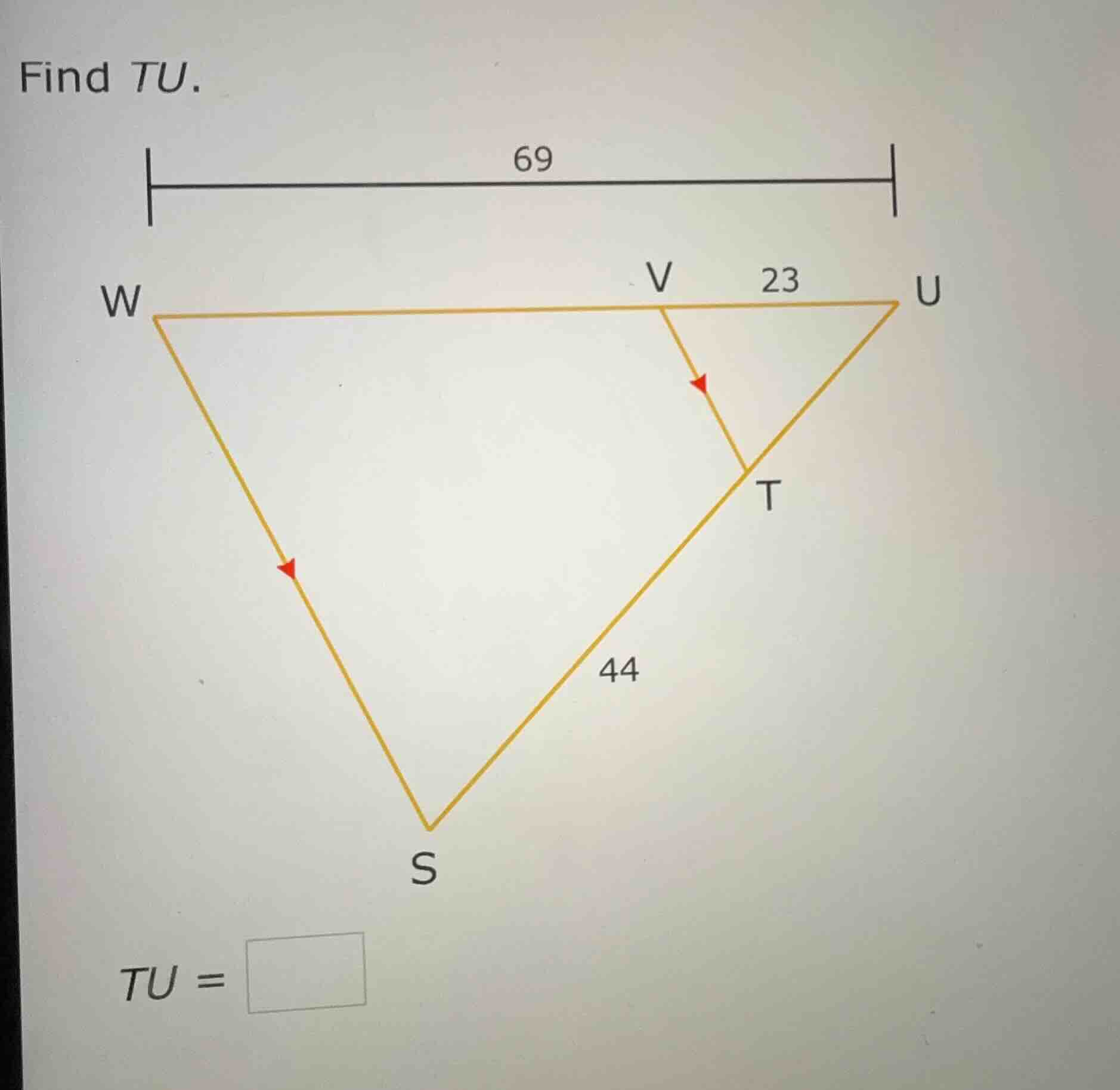 find tu. w, v, u are on a line segment with vu = 23. s is a vertex conn…