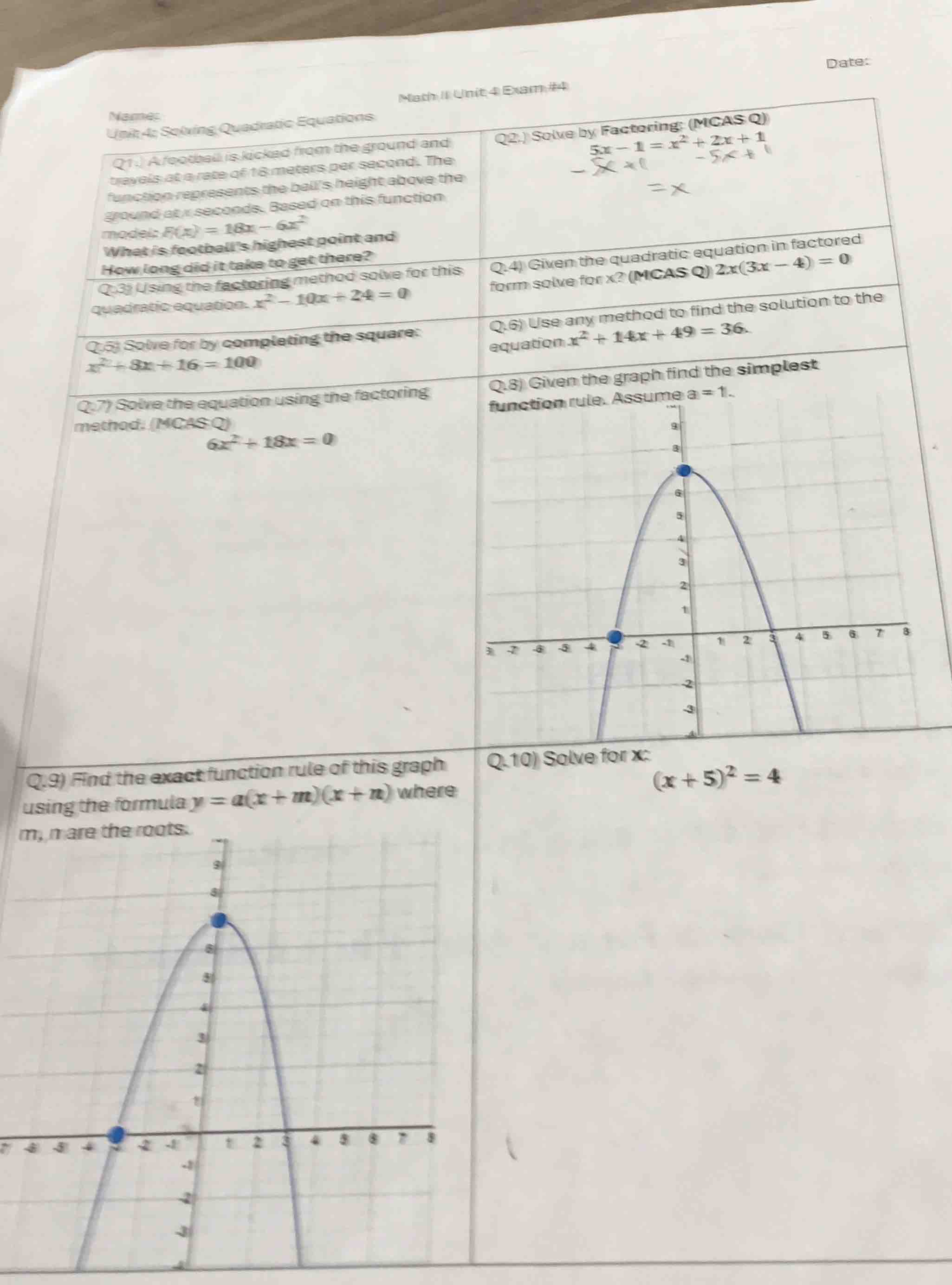name: math ii unit 4 exam #4 unit 4: solving quadratic equations q1.) a…