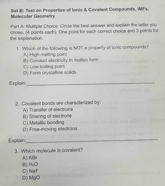 set b: test on properties of ionic & covalent compounds, imfs, molecula…