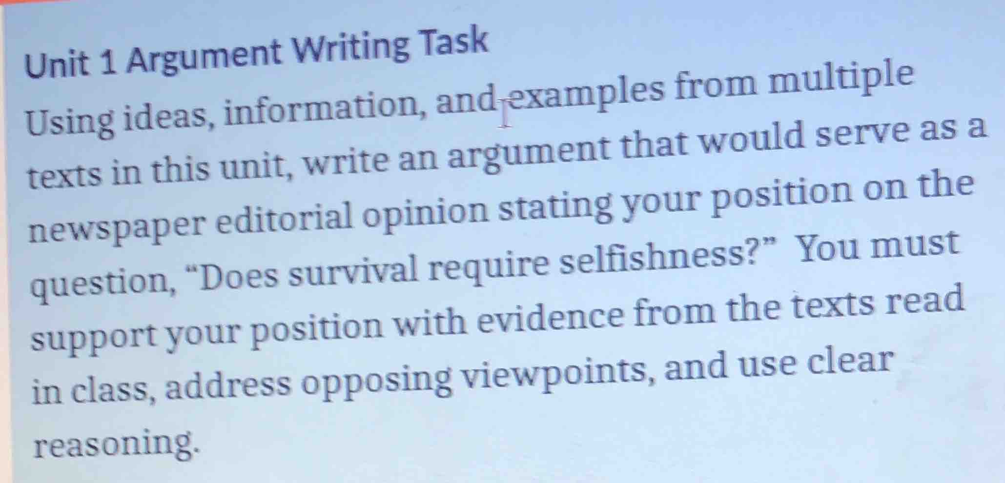 unit 1 argument writing task using ideas, information, and examples fro…