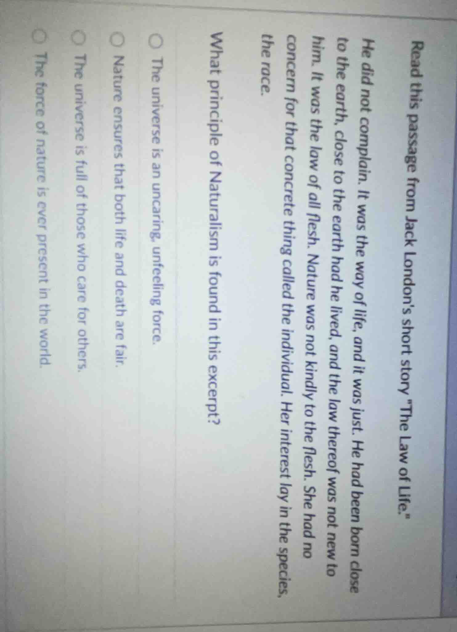 read this passage from jack london’s short story “the law of life.” he …