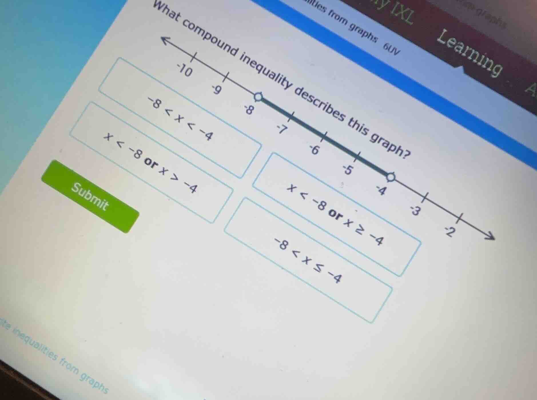 what compound inequality describes this graph? -8 < x < -4 x < -8 or x …