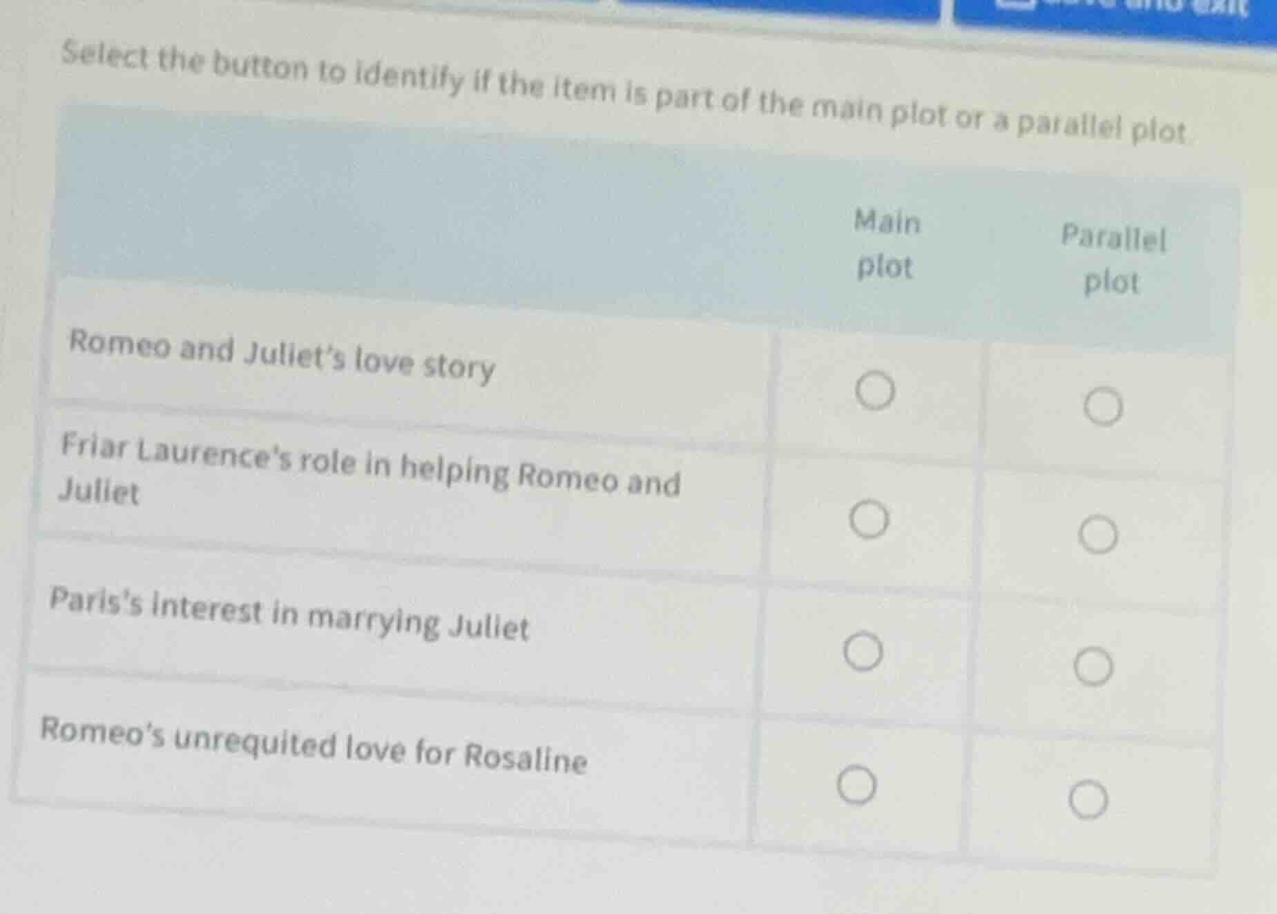 select the button to identify if the item is part of the main plot or a…