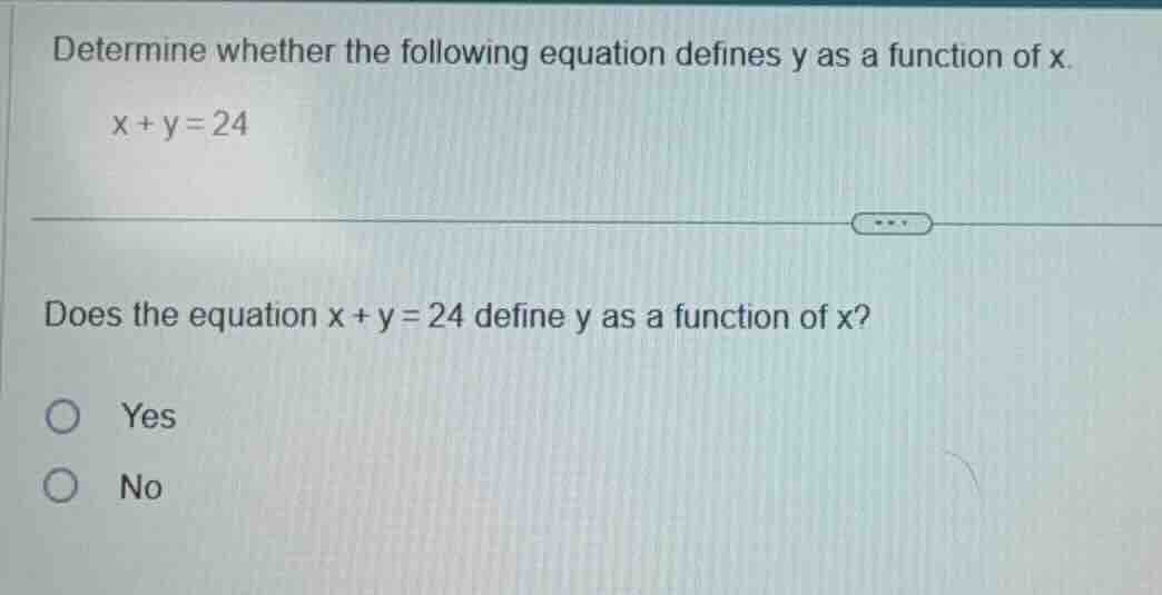 determine whether the following equation defines y as a function of x. …