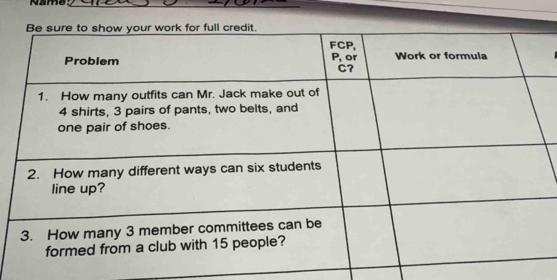 be sure to show your work for full credit. | problem | fcp, p, or c? | …