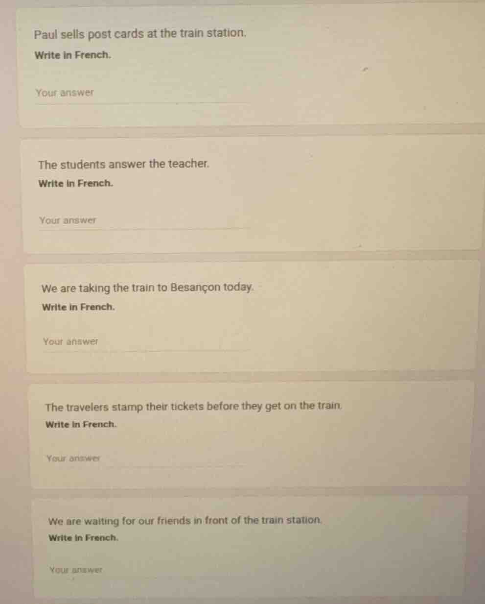 paul sells post cards at the train station. write in french. your answe…