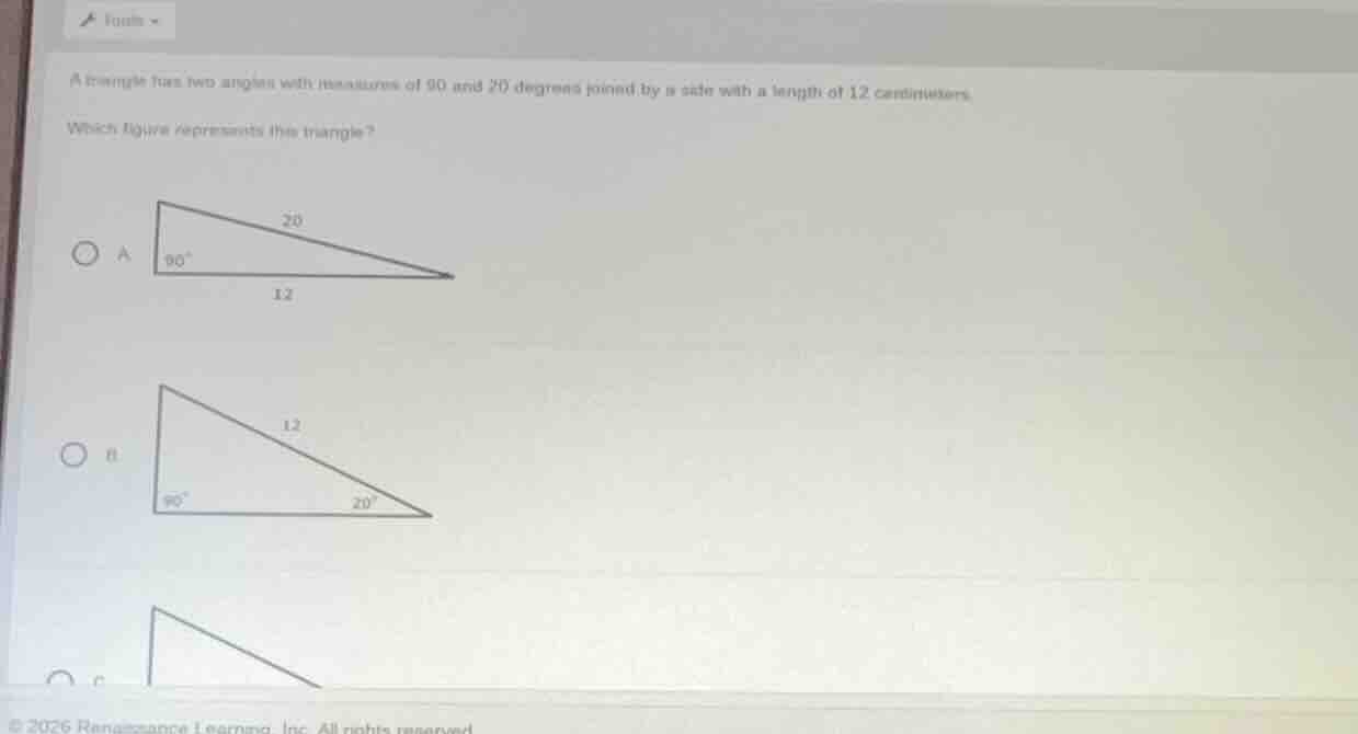 a triangle has two angles with measures of 90 and 20 degrees joined by …