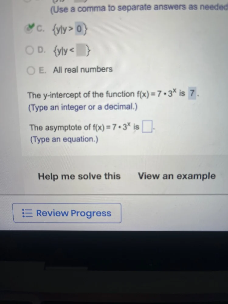 (use a comma to separate answers as needed c. {y|y > 0} d. {y|y < } e. …