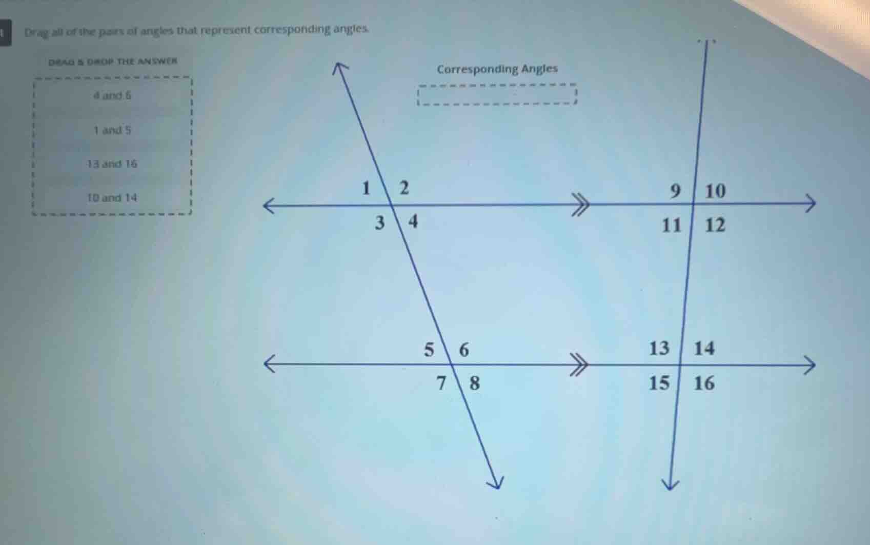 drag all of the pairs of angles that represent corresponding angles. dr…