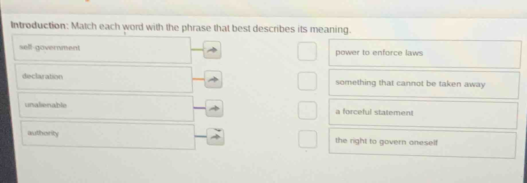 introduction: match each word with the phrase that best describes its m…