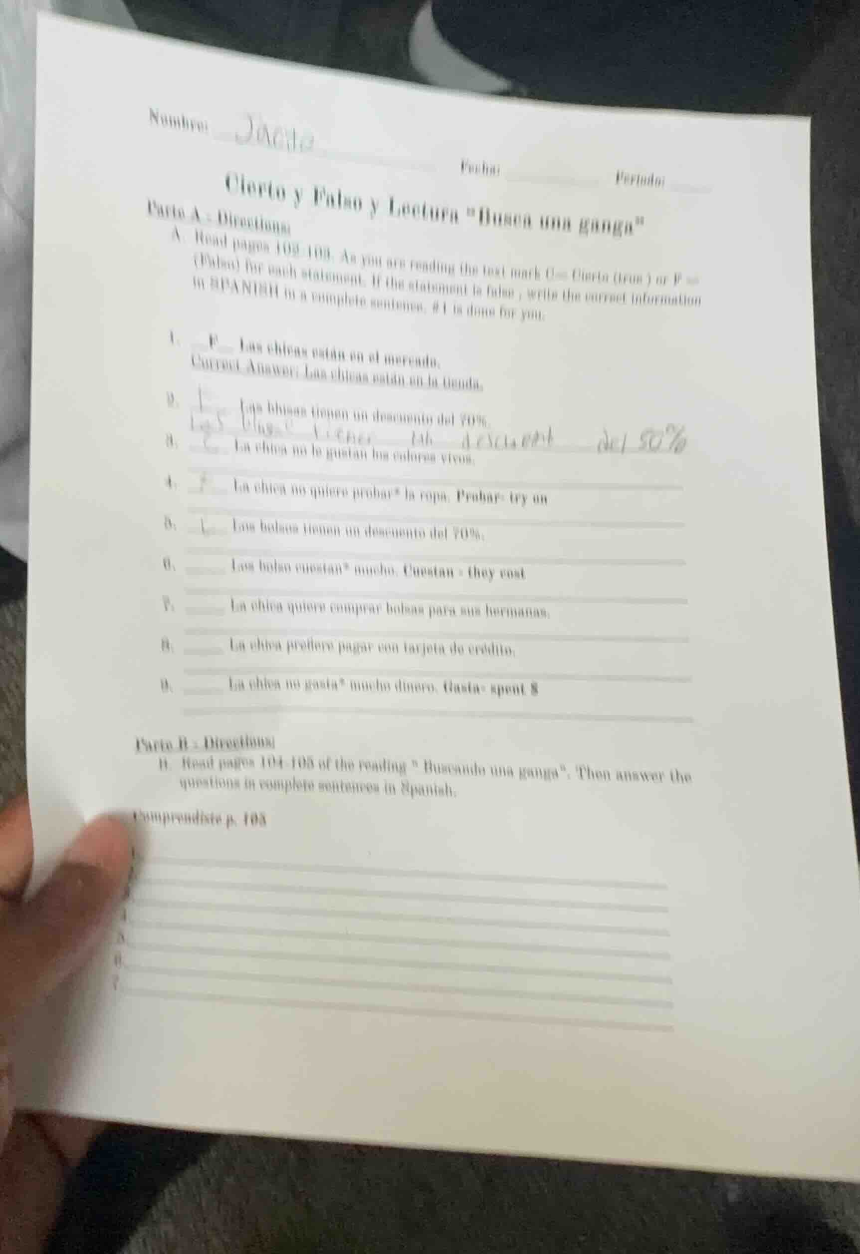 nombre: fecha: periodo: cierto y falso y lectura \busca una bonita\ par…