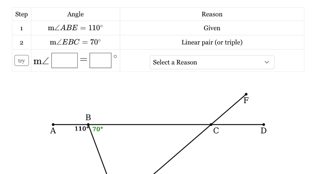 step angle reason 1 m∠abe = 110° given 2 m∠ebc = 70° linear pair (or tr…