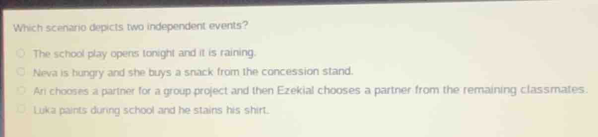 which scenario depicts two independent events? the school play opens to…
