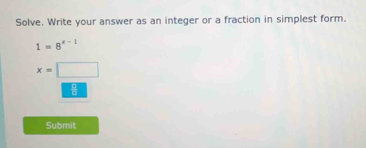 solve. write your answer as an integer or a fraction in simplest form. …