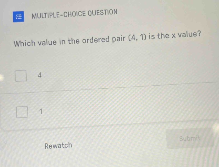 multiple-choice question which value in the ordered pair (4, 1) is the …