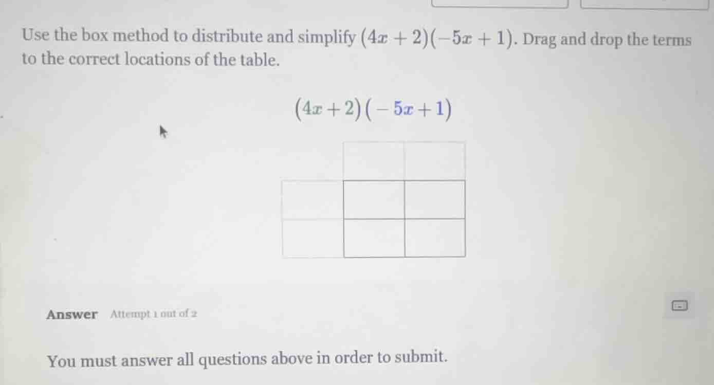 use the box method to distribute and simplify (4x + 2)(-5x + 1). drag a…
