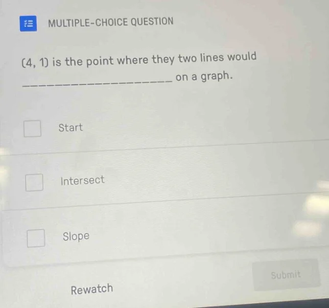 multiple-choice question (4, 1) is the point where they two lines would…