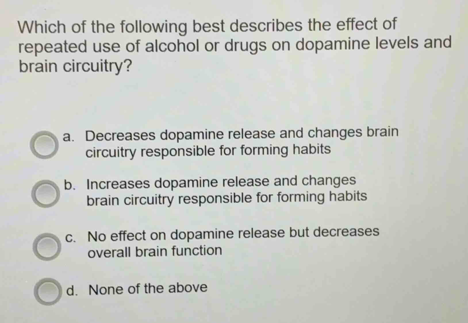 which of the following best describes the effect of repeated use of alc…